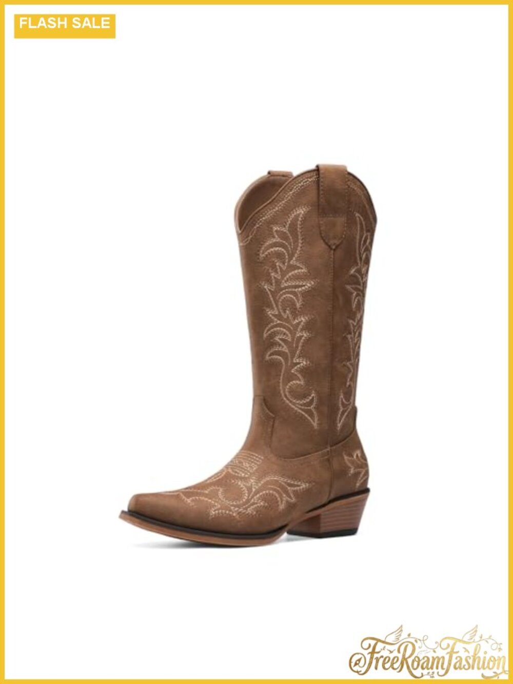 Women's Faux Leather Western Cowboy Boots Mid-Calf Block Heel Embroidered